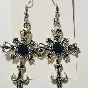 Elegant Silver and Black Cross Earrings